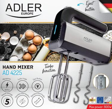 Ручний міксер ADLER AD4225, 800W, 5 швидкостей, турбо-режим, з нержавіючої сталі, для тіста та мусів