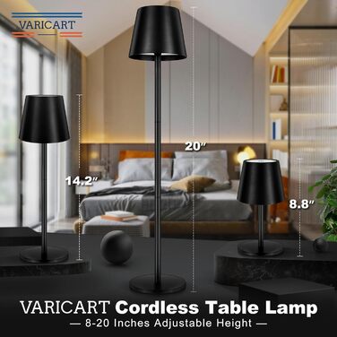 Світлодіодна настільна лампа бездротова з сенсорним керуванням, USB-C, димування, акумуляторна, 3 режими температури, регульована висота, IP54 водонепроникна для ресторану, спальні, бару, вулиці - Чорна