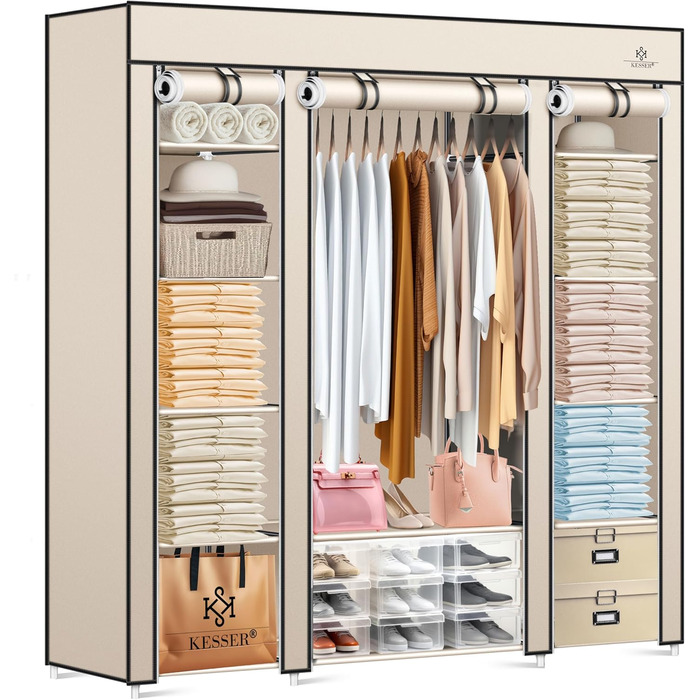 KESSER® Wardrobe Clothes Rack Stable with Clothes Rail & Shelves, Incl. 5x Clothes Hangers, Fabric Folding Wardrobe for Bedroom, Dressing Room Clothes Rack 150x45x175cm (Beige)