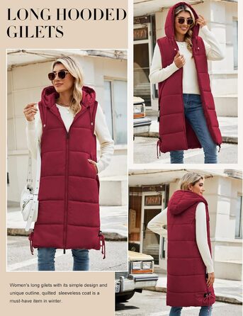 Жіноча довга степкова жилетка Vancavoo з капюшоном, червона, XXL