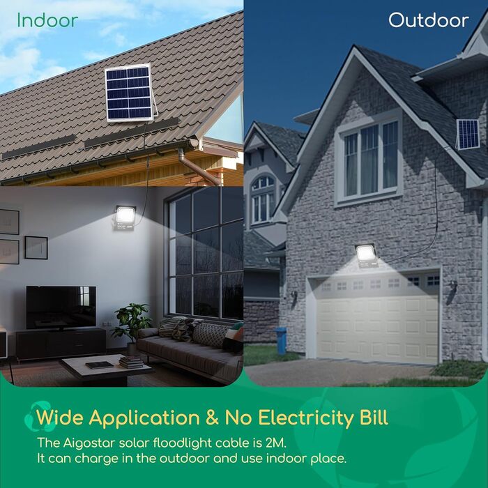 Aigostar Solar Flood Light Outdoor, Super Bright LED Floodlight with Solar Panel, Cool White 6500K, IP66 Protection Rating Solar Floodlight Spotlight Outdoor Floodlight for Garden, Door, Yard, Garage, etc. (200W)