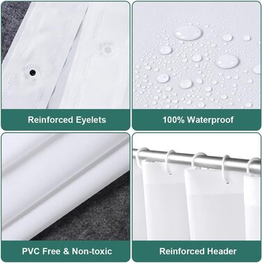 Шторка для душу URAQT, водонепроникна, антигрибкова, швидковисихаюча, PEVA, 180x180 см, 12 кілець, для ванни (Біла)