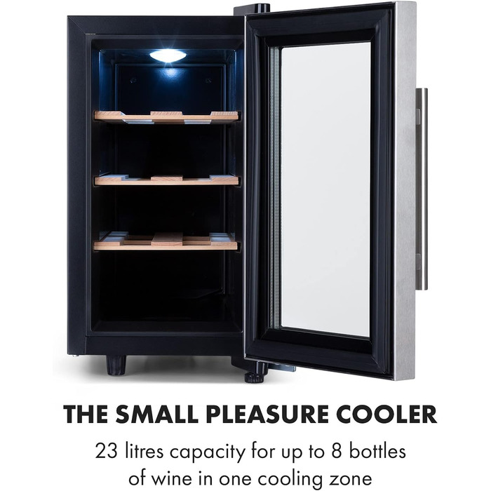 Klarstein Wine & Beverage Refrigerator - Slim Design, 1-Zone, Glass Door, Outdoor Ready, UV Protection, 8-Bottle Capacity