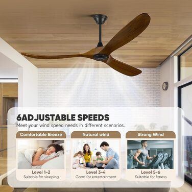 Дерев'яний стельовий вентилятор 152 см з дистанційним керуванням, 60 дюймів, 3 лопаті, DC-двигун, для дому та вулиці, таймер, коричневий
