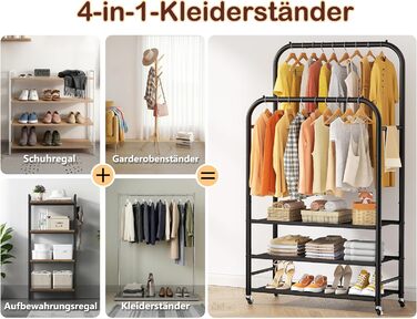 Вішалка для одягу HOMIDEC з 3 полицями, подвійна штанга на колесах, металевий каркас, чорна. Макс. навантаження 80 кг