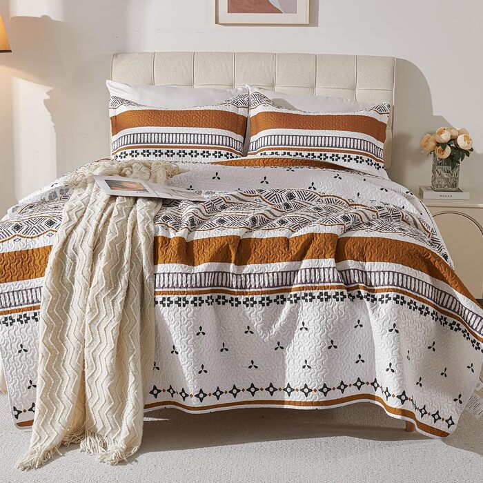Комплект постільної білизни Boho Queen 3 предмети, двосторонній, ультразвукова стьобана ковдра 218x218 см, легка покривало для всіх сезонів з 2 наволочками