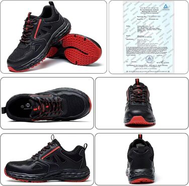 Черевики робочі ISOOUS для чоловіків та жінок. Безпекові черевики, легкі, з пластиковим носком, дихаючі, антиковзкі, модель снікерс, для кухні, спортивні, 48 EU, чорно-червоні