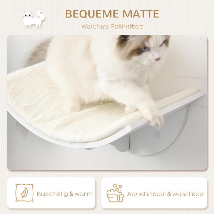 PawHut Cat Bed, Wall-Mounted Cat Bed, Cat Shelf, Wall Mount, Plush Cushion, MDF (White)