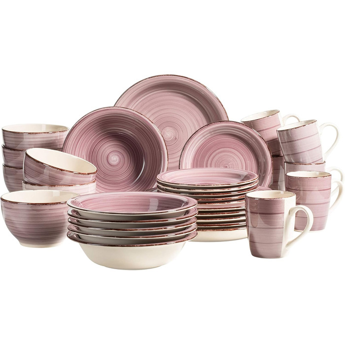 MÄSER Bel Tempo II, 30-piece Vintage Dinnerware Set for 6 People, Hand-Painted Ceramic Combination Service, Stoneware, Berry