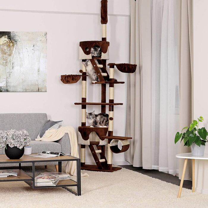 Котячий будиночок Lionto XXL з сизалю та плюшу: багатоярусний комплекс для котів з гамаком, тунелем та іграшками (колір: коричневий/бежевий, 230-250 см)