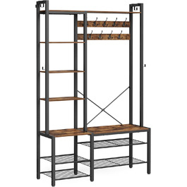 VASAGLE Coat Rack with Shoe Bench, Coat Rack, 5 Shelf Levels made of Particleboard, 9 Triple Hooks, 6 Side Hooks, 40 x 120 x 190 cm, Stone Gray-Ink Black HSR426B04 (Vintage Brown + Ink Black)