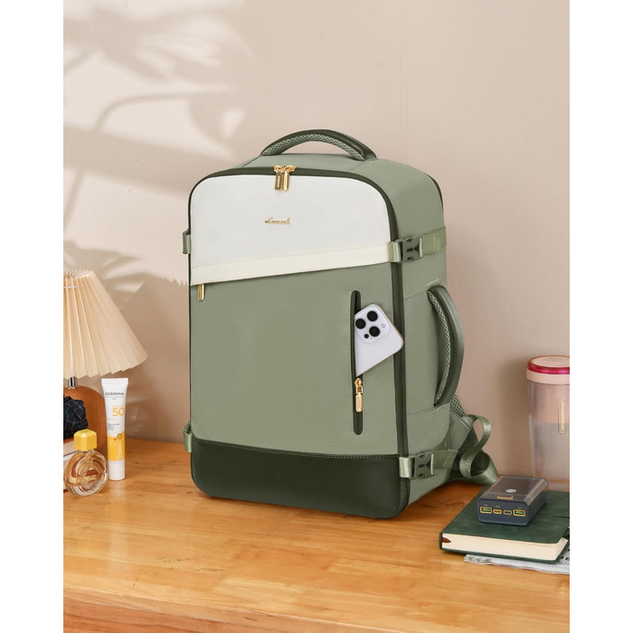 Рюкзак LOVEVOOK 40L для ручної поклажі, 17.3 дюйми, розширюваний, для подорожей та бізнесу (40x30x20cm, зелено-бежевий)