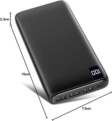 Power Bank Riapow 26800mAh з LED-дисплеєм: зарядка для смартфонів та планшетів, 4 порти USB, 22,5W, чорний