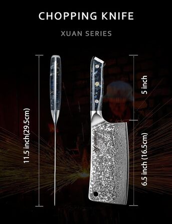 Ніж кухарський SANMUZUO Hackmesser 17 см, професійний, Дамаск, серія Xuan, VG10 сталь, ручка з епоксидної смоли (сапфірово-синій)