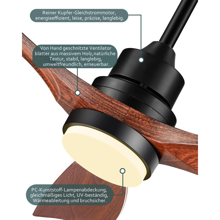 Стеляний вентилятор з підсвічуванням та пультом керування, тихий DC двигун, 132 см, 3 дерев'яних лопаті, таймер, 6 швидкостей, сертифікат ETL, режим літо/зима для спальні, коричневий