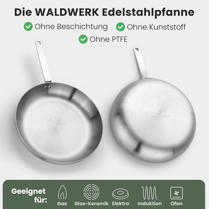 Сковорода нержавіюча WALDWERK 28 см індукційна, жароміцна - без покриття, з шкіряною ручкою