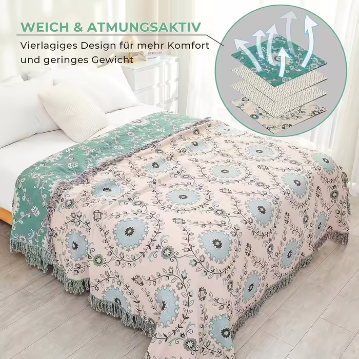 Двосторонній плед HOORDRY Boho з бахромою, 230x250 см, 100% бавовна, зелено-бежевий, з малюнком соняшників для дивана, ліжка, крісла