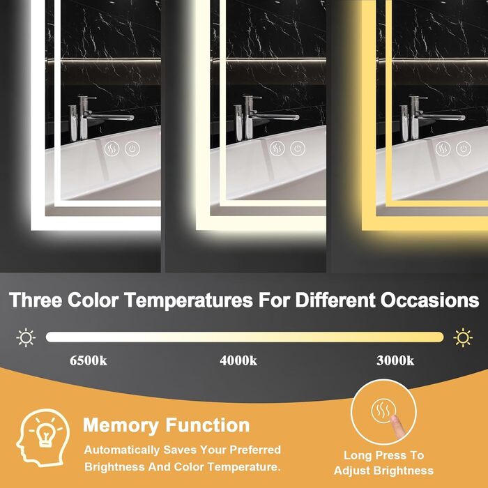 LED дзеркало для ванної кімнати з підсвічуванням 60 x 80 см – антизапар, 3 кольори, регулювання яскравості, подвійний сенсорний вимикач, функція збереження налаштувань при відключенні електроенергії, монтаж горизонтально/вертикально, квадратна форма.