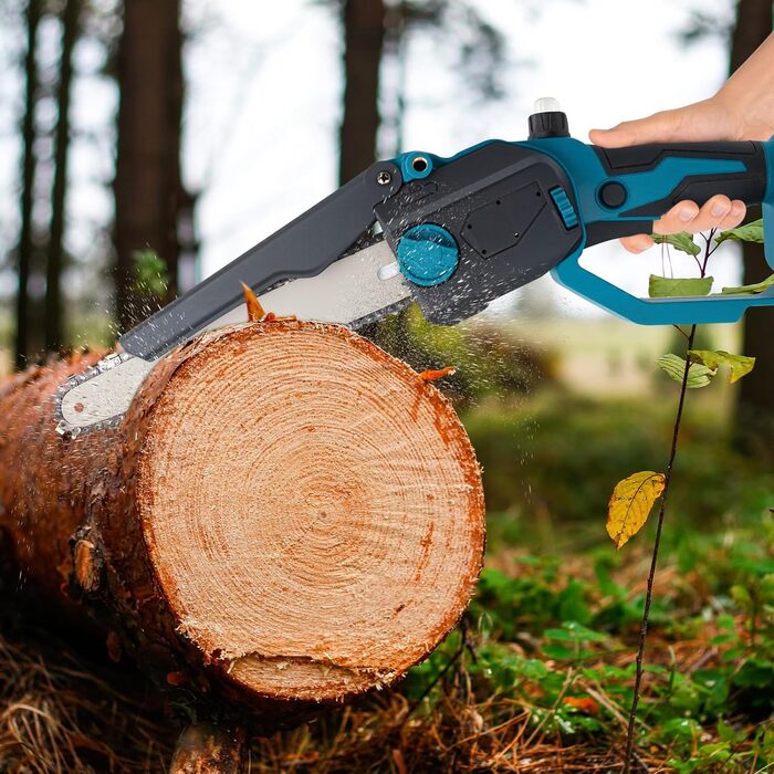 Акумуляторна міні-пила 6 дюймів (20 см) з безщітковим мотором, комплект з 2 ланцюгами 6 дюймів, 2 ланцюгами 8 дюймів, 2 направляючими плитами, 2 батареями високої ємності, для обрізки дерев та різання деревини, блакитна