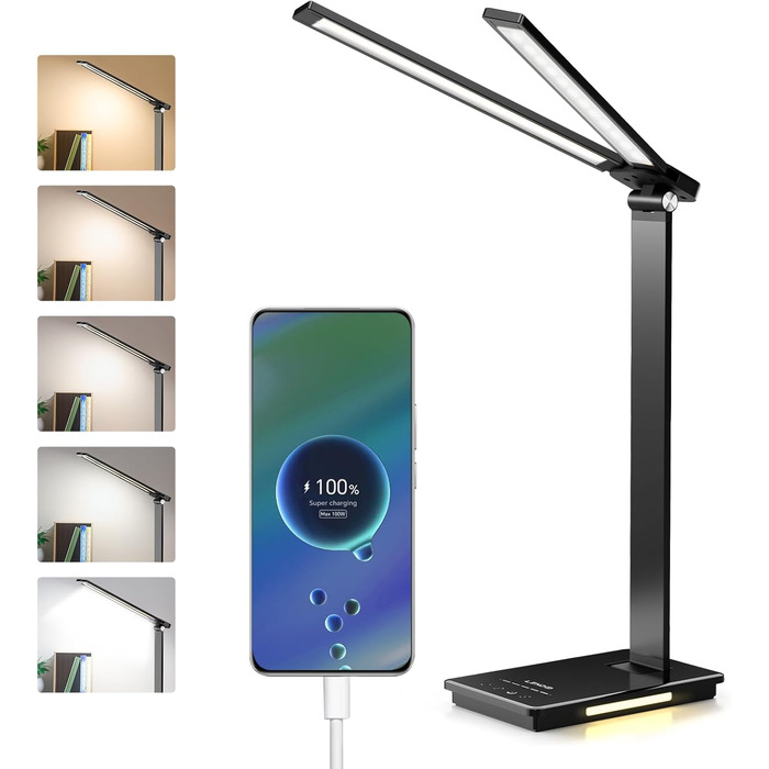 LED лампа настільна LENDOO з двома головками, регульована яскравість 700 люмен, 5 рівнів регулювання, 5 колірних режимів, USB-порт для зарядки та вбудований акумулятор 2000mAh, для дітей, спальні, читання, чорна