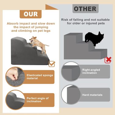 Сходи для собак маленьких порід Otauoaea: 3 сходи, антиковзаюча поверхня, для софи та ліжка, знімний чохол, сірий колір