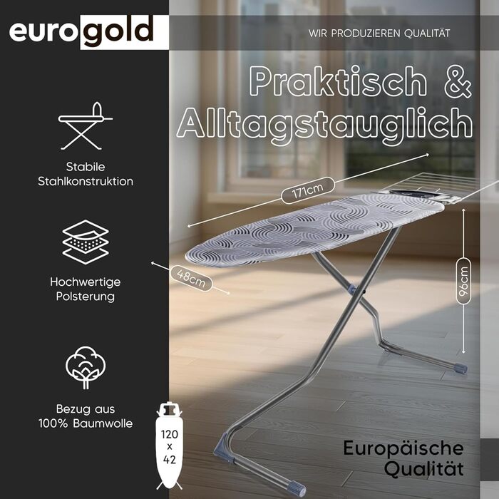 Прасувальна дошка EUROGOLD® Premium 120x42 см з турбочохлом та полицею - стабільна, регульована по висоті, з антиковзними ніжками та бавовняним чохлом (сіра)