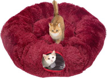 Cat Tunnel with Central Cushion, Soft Cat Toy Round Multi-Function Cat Bed - (Red)