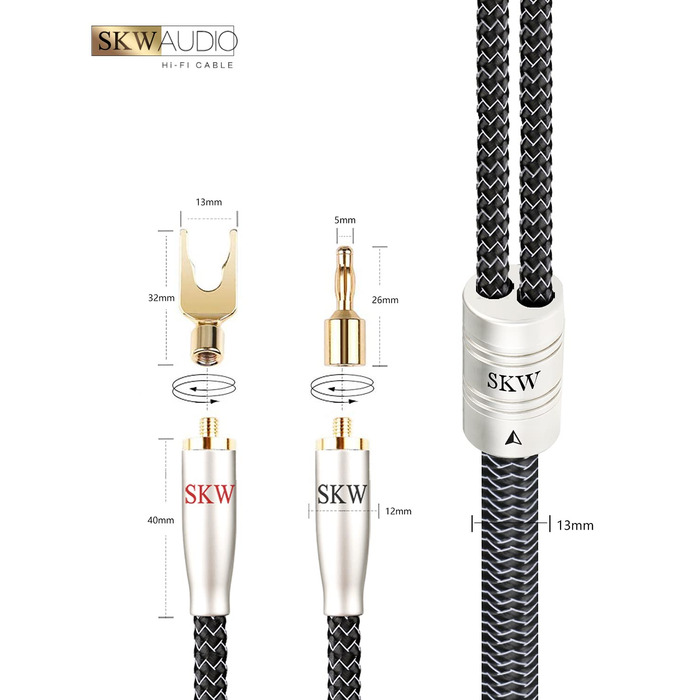 Кабель акустичний SKW з банановими роз'ємами, мідно-срібний HiFi кабель для домашнього кінотеатру, підсилювача та колонок, 1м (пара)