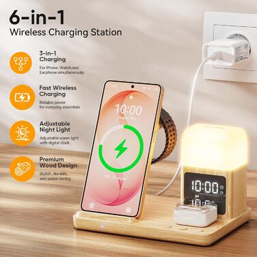 Бездротова зарядна станція 15W Samsung 6-в-1 з годинником та нічником | Швидка зарядка для Galaxy S25/S24/Z Fold6/Flip/Note/Watch Ultra/6/5 Pro/Buds Wood