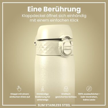 Ion8 Stainless Steel Drinking Bottle, 600 ml, Leak-Proof, One-Hand Operation, Secure Locking Mechanism, Dishwasher Safe, Flip-Top Lid, Carrying Handle, Easy to Clean, Durable & Scratch-Resistant (Stainless Steel, Creamy White)