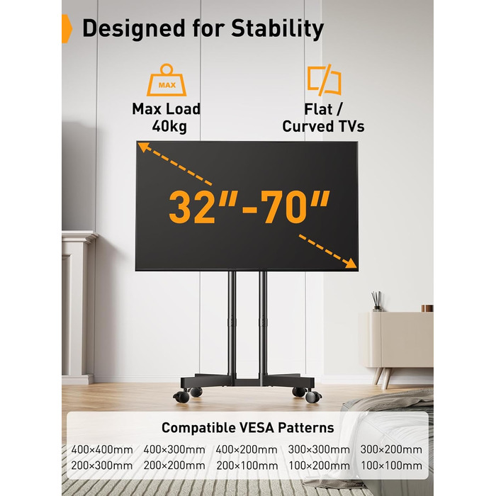 Підставка для телевізора Perlegear з роликами, 32-70 дюймів, плазма/LCD/LED, регулювання висоти та нахилу (-15° до +5°), до 40 кг, VESA 400x400 мм