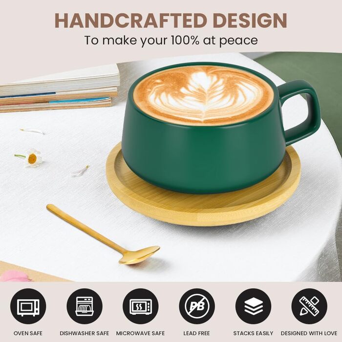 Набір кавових чашок капучіно з підставками, 4 шт. (320 мл) з кераміки, чорного кольору. Підходять для еспресо, капучіно та лате.