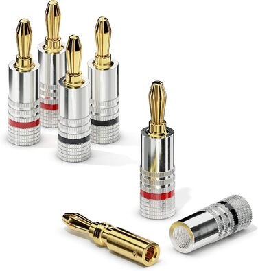 Набір бананових конекторів Sonero® (4 шт.), для акустичних кабелів до 6 мм², позолота 24K, кольорове кодування (12x червоний, 12x чорний)