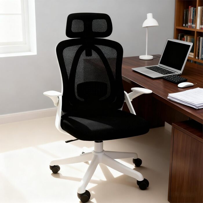 Ергономічне крісло для офісу: регульовані підлокітники, 3D-підголовник та поперекова підтримка, функція гойдання та нахилу (білий та чорний)