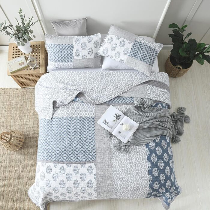 Комплект постільної білизни Finlonte Quilt Twin (1.5), блакитно-сірий-білий, 2-х частинний, 183x218 см