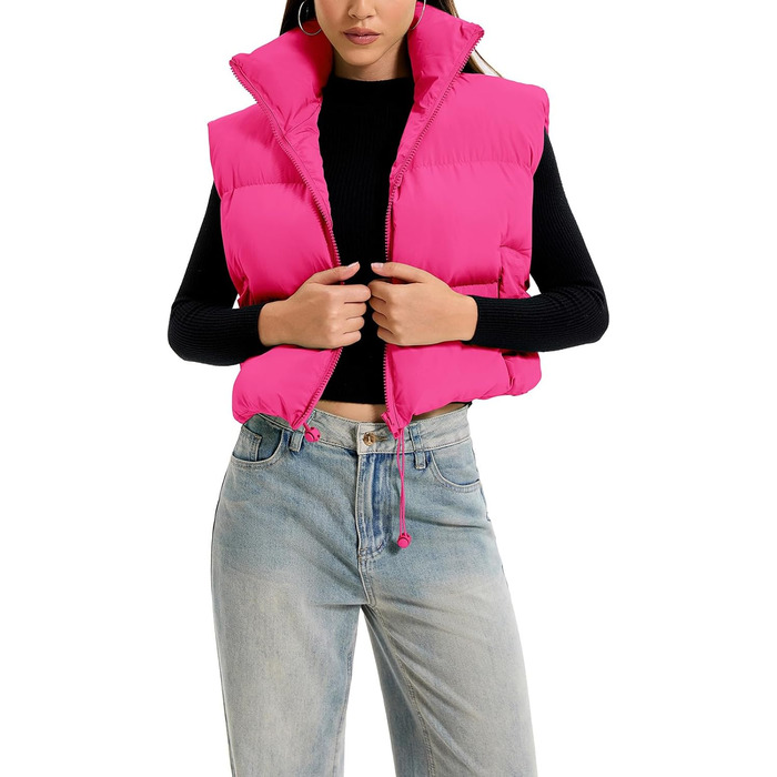 Жіноча степна жилетка з коміром-стійкою, блискавкою, коротка, рожева - розмір M