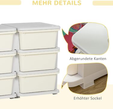 HOMCOM Kids' Chest of Drawers with Storage Boxes, Toy Organizer, Toy Box, Three Tiers for Kids' Rooms, 3-6 Years, Children's Furniture, 37 x 37 x 56.5 cm (75L x 37W x 56.5H cm, Cream White)