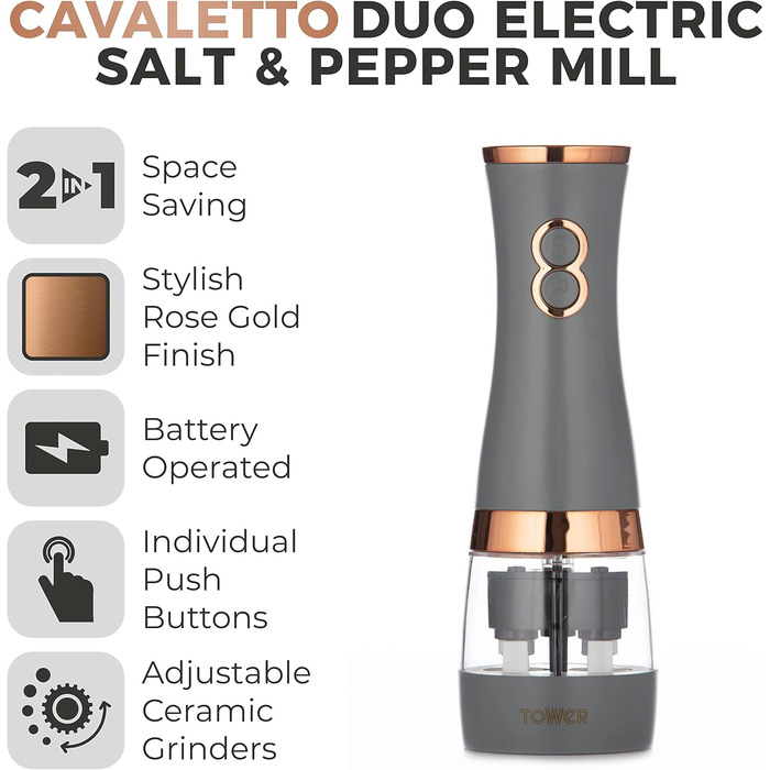 Електричні мельниці для солі та перцю Tower, працюють від батарейок, з регульованими керамічними жорнами, рожеві та рожеве золото T847004PNK (сірий)