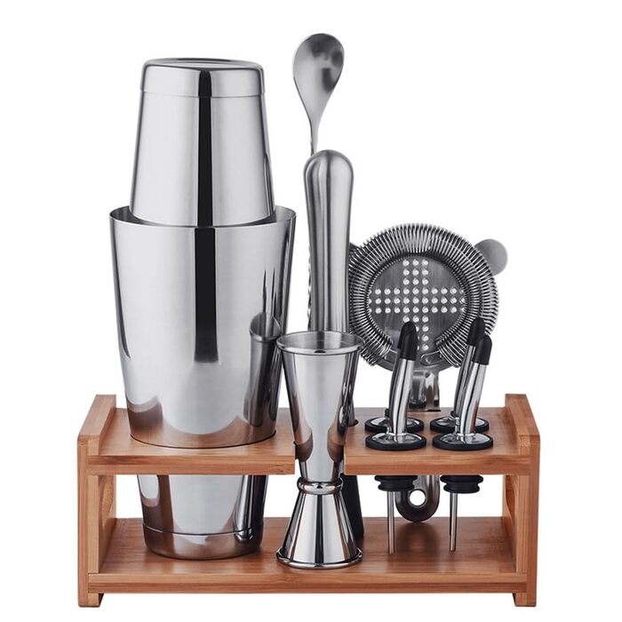 Набір для коктейлів 10 предметів з нержавіючої сталі: шейкер, міксер, дерев'яна підставка, аксесуари бармена (мірний стакан, ложка, наливка) для приготування напоїв вдома, барі, на вечірці