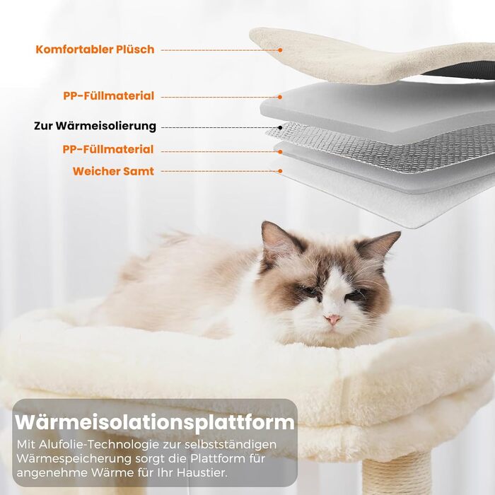 Котячий будиночок з дряпалкою, великі платформи, сизаль, пандус, будиночок для котів, м'ячі та щітка для котів, 95 см, бежевий