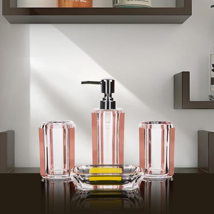 Набір аксесуарів для ванної кімнати з акрилу преміум-якості (4 шт.): дозатор для дезінфікуючого засобу, диспенсер для лосьйону, мильниця, стакан для ополіскувача, стакан для зубної пасти (чорний/золотий)