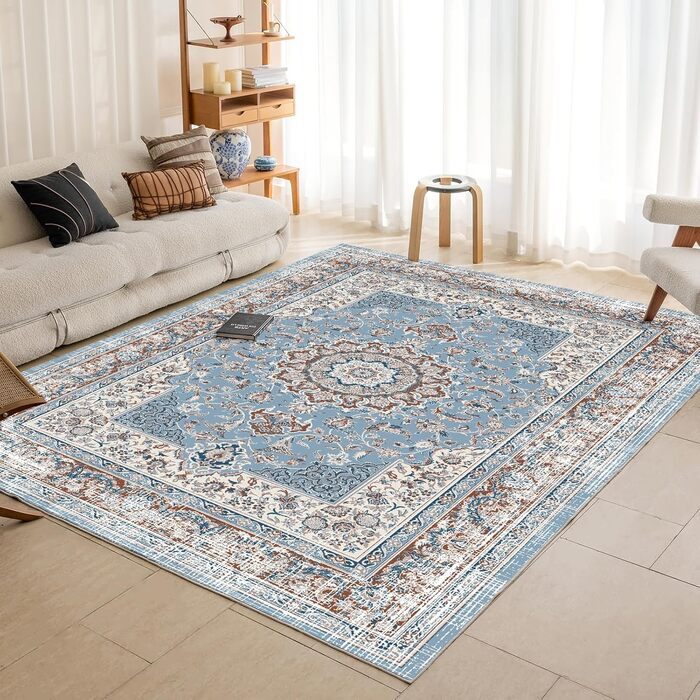OMERAI Rug Living Room Washable Short Pile Rug Oriental Soft Bedroom Blue Non-Slip Vintage Rug 60x130CM Machine Washable Rug