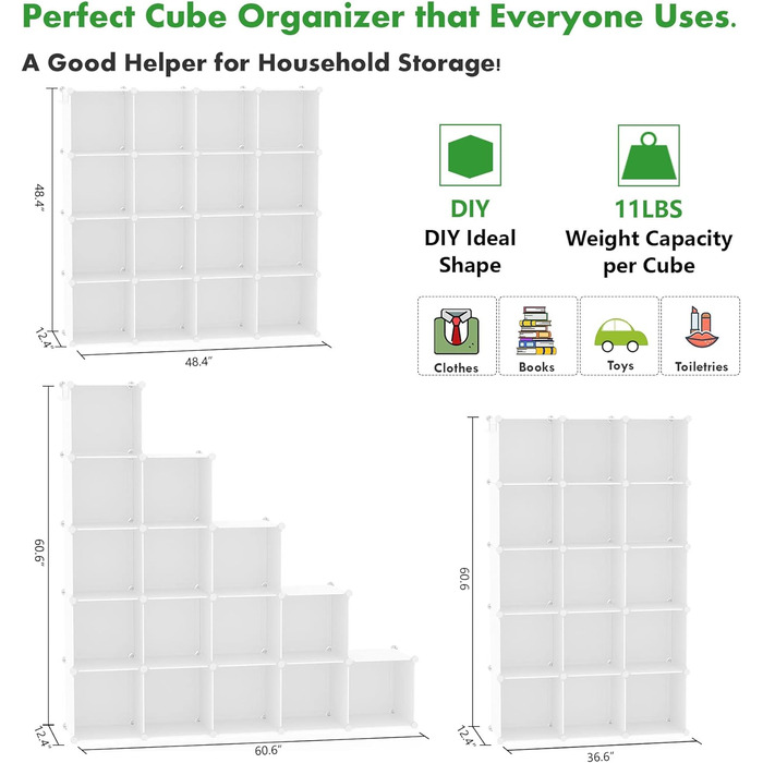 C&AHOME Cube Storage Shelves, 16-Cube Unit, Closet Organizer, DIY Plastic Modular Shelves, Ideal for Bedroom, Living Room, Office, 122 cm L x 31 cm W x 122 cm H, Opaque White, UPCS16M