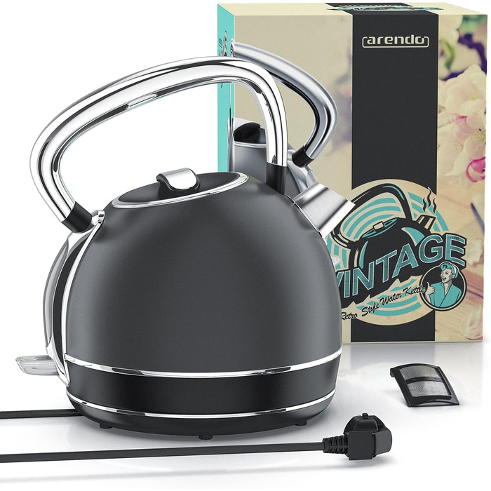 Arendo Retro Stainless Steel Kettle - 2.2L, 2200W, Cool Grey - Electric Kettle with Removable Scale Filter & Auto Shutoff