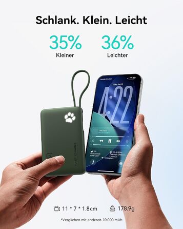 Повербанк INIU 10000mAh 45W з вбудованим кабелем USB-C, швидка зарядка, компактний зовнішній акумулятор для iPhone 17 16 Pro, Samsung S26 S25, Xiaomi, iPad, бежевий