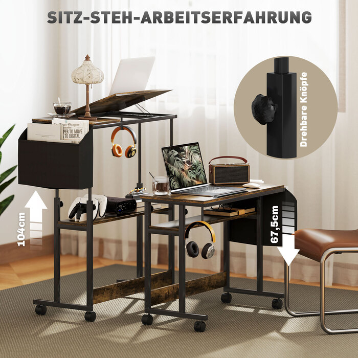 HOMCOM Height-Adjustable Desk, 92 x 40 cm, Computer Desk with Wheels, Tilting Platform, Storage Bag, for Study Room, Office, Steel, Rustic Brown | Aosom