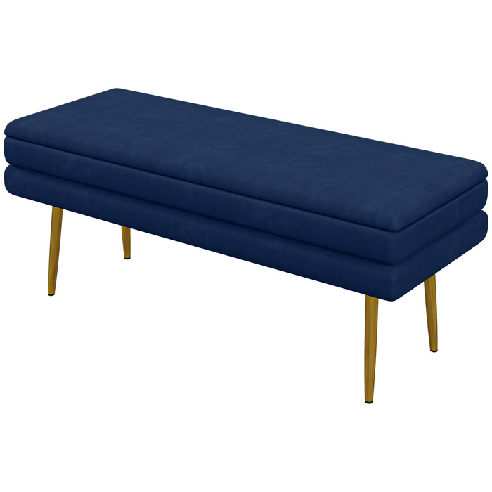 HOMCOM Bench, Upholstered Bench with Storage, Velvet-Look, Bed Bench with Steel Legs, Shoe Bench, Storage Bench for Living Room, Bedroom, Blue, 79.5 x 37.5 x 43 cm | Aosom