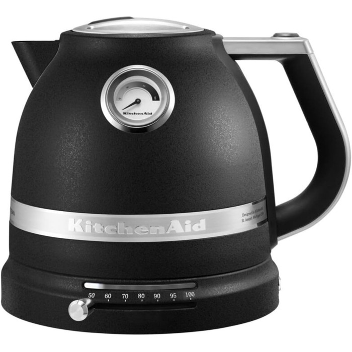 KitchenAid Kettle with temperature setting from 50 to 100°C | Teakettle with scale filter 1.5L | Electric 2400 Watt | Stainless steel | Black cast iron 1.5 liter black cast iron