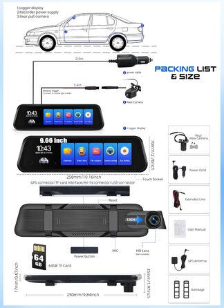 Дзеркало заднього виду з відеореєстратором CAMECHO 2K Full HD, 9.66