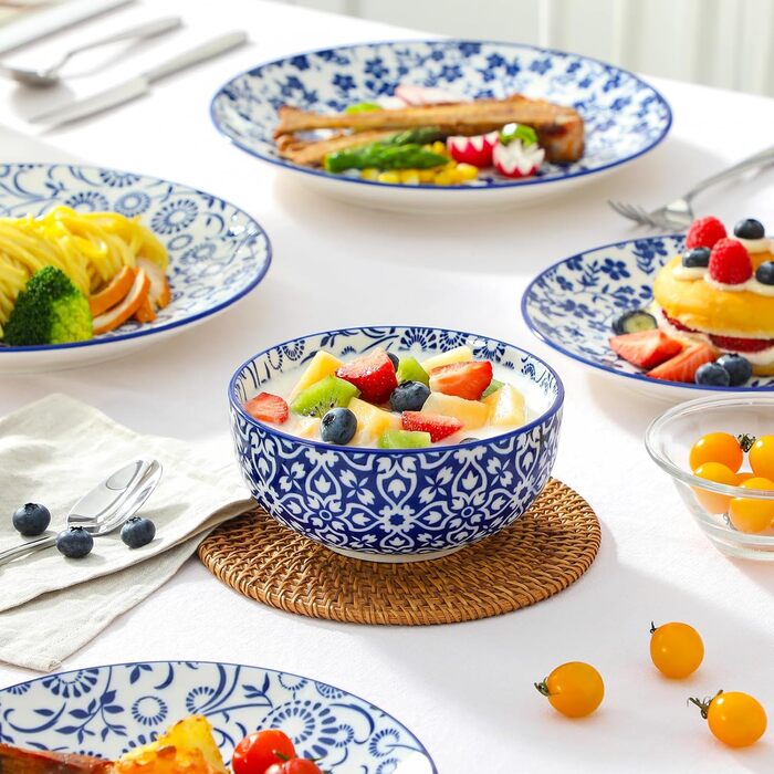 Набір посуду на 6 осіб Vancasso Selene 24-частинний: тарілки, супові тарілки, салатники, миски. Керамічний сервіз з порцеляни, блакитно-білий.